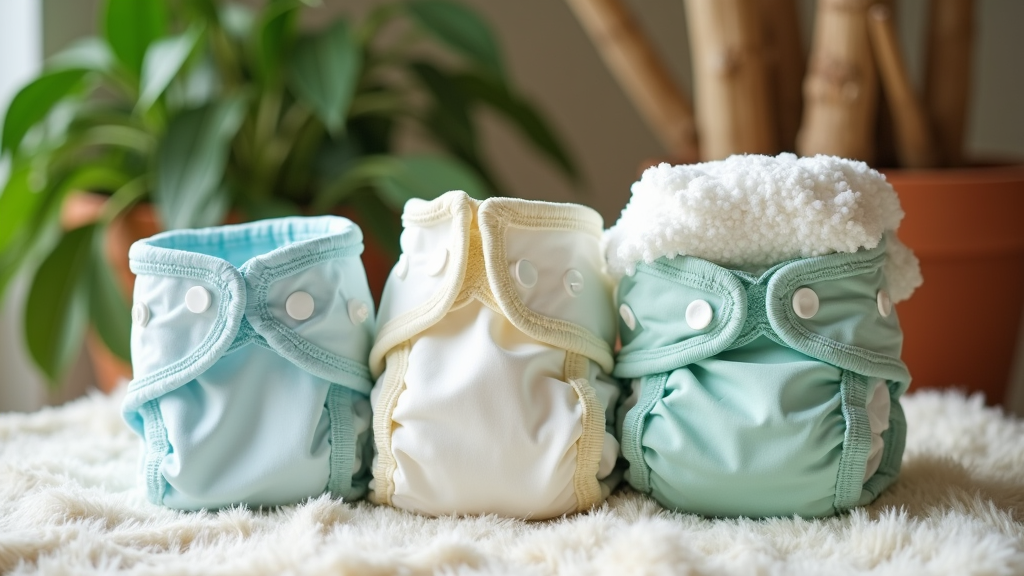 Photograph of various ecofriendly diapers displayed on a natural background